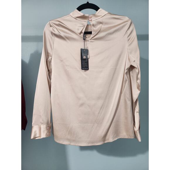 LILYSILK Women’s 90% Silk Blouse – Cream Pearl Accent Tie Neck Long Sleeve Top - Picture 4 of 5